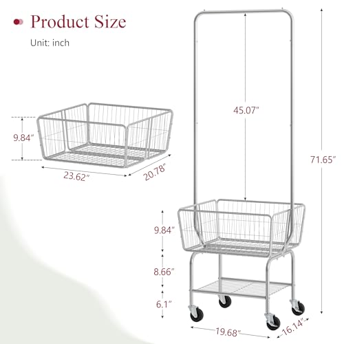 Tajsoon Laundry Cart with Hanging Rack, Metal Rolling Laundry Cart with Wheels and Storage Basket, Silver - color: Silver