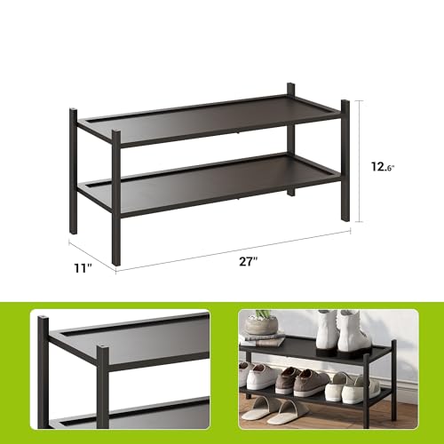 BMOSU 2-Tier Bamboo Shoe Rack Premium Stackable Shoe Shelf Storage Organizer for Hallway Closet Living Room Entryway Organizer(Black) - color: Black, size: 2-Tier（27*11*12.6inches）