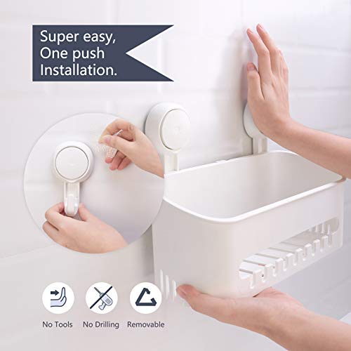 TAILI Strong Vacuum Suction Cup Bath Corner Shower Caddy Storage Basket + 4 Extra Hooks, No Drill Bathroom Shelves for Kitchen Bedroom Organizer Set, White in Plastic - style: 6 pack