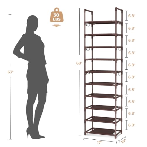 VTRIN 10 Tiers Tall Shoe Rack Holds 20-25 Pairs of Shoes Sturdy Vertical Shoe Organizer with 18pcs Hooks Stackable Narrow Shoe Rack for Closet, Entryway Brown - color: Brown, size: 17" Wide - 10 Tier