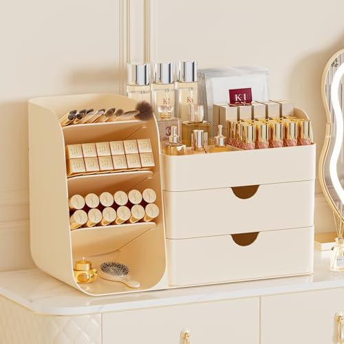 Makeup Organizer with Drawers, Large Capacity Countertop Organizer for Vanity, Bathroom and Bedroom Desk Cosmetics Organizer, Easy To Storage Skincare,Brushes, Eyeshadow,Lipstick (All Cream) - color: All Cream, size: Medium