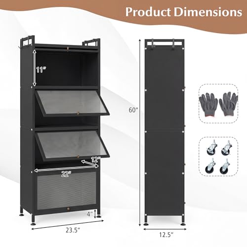 Giantex 5-Tier Kitchen Storage Cabinet, Mobile Microwave Stand with Flip-up PC Doors, Freestanding Kitchen Bakers Rack with 4 Rolling Casters, for Dining Room, Living Room and Study, Black - color: Black