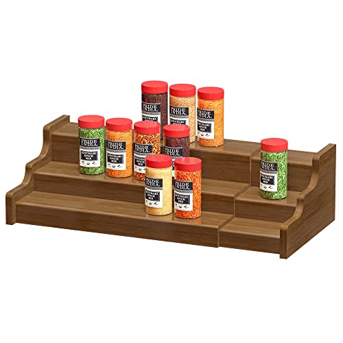 Bamboo Spice Rack Cabinet Organizer - 3 Tier Wooden Expandable Walnut Display Shelf - color: Brown