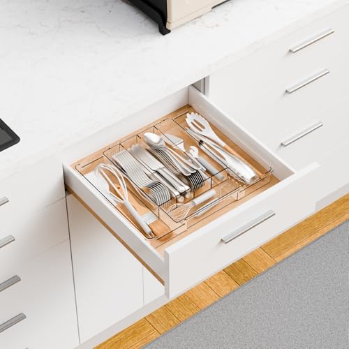 Yieach Clear Expandable Silverware Drawer Organizer,9.4-15.6In Adjustable Silverware Tray for Drawer,Acrylic Kitchen Utensil Drawer Organizer for Cutlery,Flatware Organizers and Fork and Spoon Holder - size: M - 9.4 to 15.6