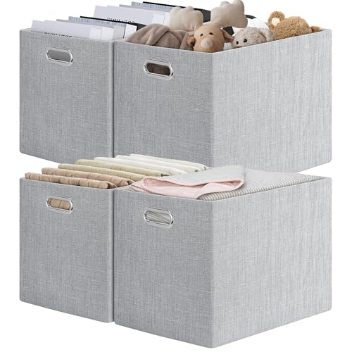Posprica 15.12"x12.13"x12.01" Storage Cube Bins, Linen Decorative Closet Storage Organizer for IKEA Kallax, 4 Pack Fabric Foldable Large Storage Baskets for Closet, Shelves, Clothes, Toy(Grey) - color: Grey, size: 15.12 Lx12.13 Wx12.01 H