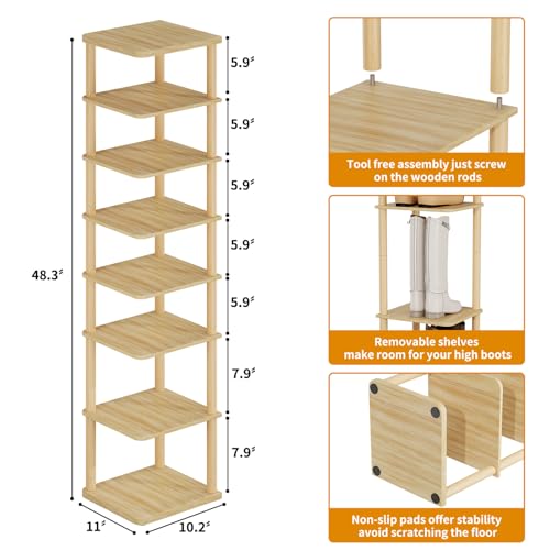 LUCKNOCK Vertical Shoe Rack, 8-Tier Tall Narrow Shoe Organizer for Entryway, Closet, Dorm & Small Spaces, Freestanding Wooden Shoe Shelf Tower for Boots, Sneakers, Heels. (Natural) - color: Natural