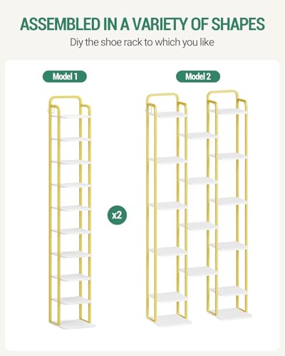Hzuaneri 10 Tiers Vertical Shoe Rack, Narrow Shoe Tower, Tall Shoes Shelf with 2 Hooks, Adjustable Shelves, Corner Shoes Shelves for Small Spaces, Entryway, Living Room, White Gold SR11213A - color: White Gold, size: 10 Tier(11.8"D x 10.4"W x 67.3"H)
