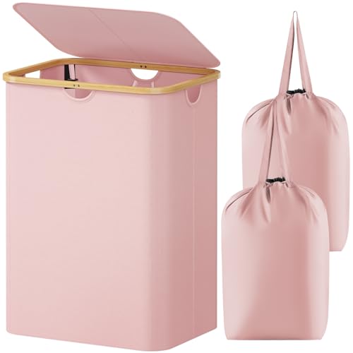Lifewit 150L Laundry Basket with Lid, Clothes Hampers for Laundry with Bamboo Handles and 2 Removable Bag, Large Foldable Laundry Hamper for Bedroom, Bathroom, Dorm, Laundry Room, Pink - color: Pink, size: 150L