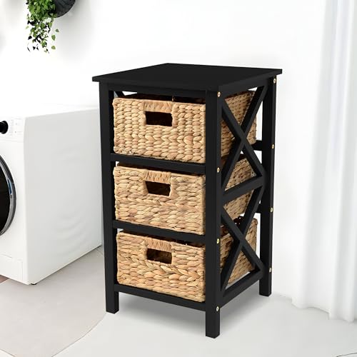 eHemco 3 Tier X-Side End Table with Wicker Baskets for Bedside, Living Room, Black - color: Black, size: 14"D x 14"W x 25"H (3 Drawers)