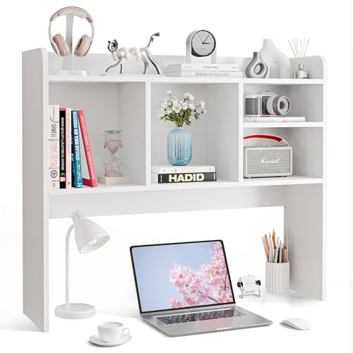 SUPER DEAL Desktop Bookshelf, Countertop Storage Hutch with 4 Shelves for Computer Desk, 2-Tier Display Rack, Multipurpose Wood Desk Hutch Storage Organizer for Home Office Dorm, White - color: White