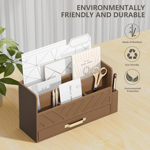 WISUCART Bamboo Desk Organizer Mail Holder Countertop Wood Desk Drawer Tabletop Storage Box Pen Holder Letter Sorter Makeup Organizer for School Home Office Supplies with Pen Holder Brown - color: Brown with Pen Holder