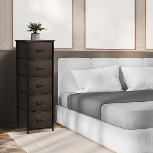 Sorbus Nightstand with 5 Drawers - Bedside Furniture & Night Stand End Table Dresser with Steel Frame, Wood Top, Easy Pull Fabric Bins for Home, Bedroom Accessories, Office & Dorm - color: Brown, style: 5 Drawer