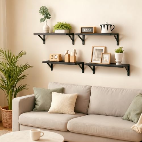 Fixwal Floating Shelves for Wall, Wood Wall Mounted Shelves for Bedroom, Bathroom, Living Room, Kitchen Storage and Decor(Black, Set of 4, 16.5 Inch) - color: Black