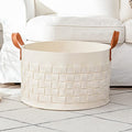 BOLDMONEKY Blankets Basket 20" x20 " x11.8 ", Large Round Laundry Hamper with Leather Handle, Soft Dog Toy Woven Basket for Storage-Beige - color: Beige