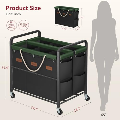 Tajsoon 350L Extra Large Laundry Sorter 6 Section, Heavy Duty Laundry Basket with Lockable Wheels, Laundry Cart with Sturdy Metal Frame, Leather Patchwork Laundry Separated with Removable Bags, Black - color: Black, size: 6 Bag 350L