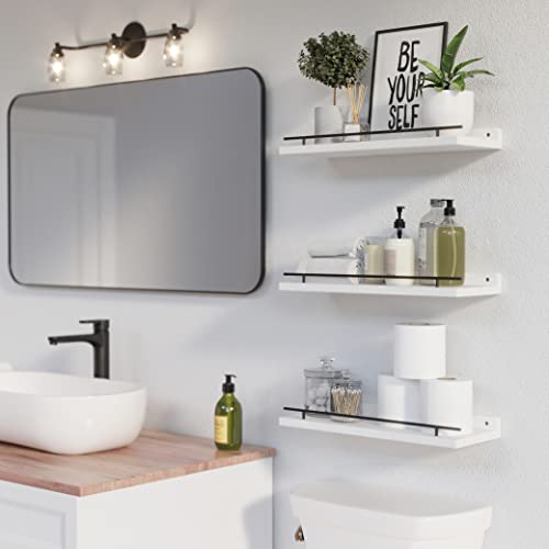 WOPITUES Floating Shelves with Black Metal Guardrail, Shelves for Wall Decor Set of 3, Wall Shelves for Bedroom, Bathroom, Kitchen, Living Room, Plants, Picture Frames, Art- Black and White - color: Black and White, size: 15.7 inch