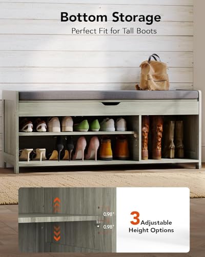 Pipishell 2-Tier Shoe Storage Bench, Entryway Bench with 3 Barn Doors, Cushion Seat, Hidden Storage, Adjustable Shelf, 200 lbs Capacity, for Entryway, Living Room, Bedroom, Gray (39.4″Wx15″Dx18.1″H) - color: Grey
