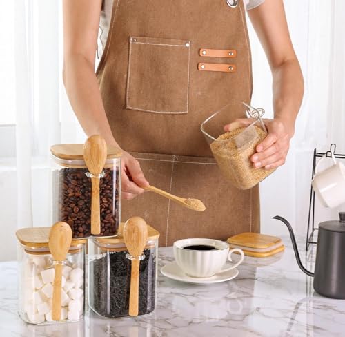 ComSaf 0.8 Qt Glass Jars with Bamboo Lids & Spoons Set of 4, Square Glass Containers with Lids, Sugar Coffee Containers Salt Spice Jars, Pantry Storage Container for Loose Tea, Candy, Brown Sugar, Nut - size: 0.8Qt*4