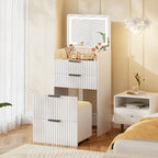 Gurexl Small Fluted Vanity Desk with Mirror and Lights, 3-in-1 Compact Makeup Vanity Set with Hidden Storage Stool, Mini Dressing Table with 3 Drawers, for Girls (White) - color: White-led