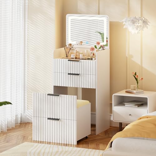 Gurexl Fluted Small Vanity Desk with Mirror and Lights, 3-in-1 Compact Makeup Vanity Set with Hidden Storage Stool, Mini Dressing Table with 3 Drawers for Little Girls, (Cream White) - color: Cream White