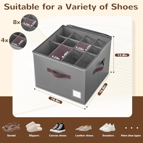 Shoe Organizer for Closet, 2 Pack Large Shoe Box Storage Containers,Shoe Storage Bins Fits 12-16 Pairs，Space Saving Shoe Organizers Bins with Clear Lids and Handles,Grey - color: Grey