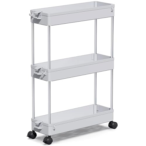 SPACEKEEPER Slim Rolling Storage Cart, 3 Tier Storage Organizer Laundry Room Organizer Mobile Shelving Unit, Multi-Purpose for Kitchen Office Bathroom Laundry Narrow Places, Gray - color: Grey