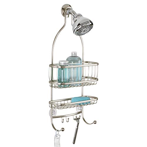 iDesign York Metal Wire Hanging Shower Caddy, Extra Wide Space for Shampoo, Conditioner, and Soap with Hooks for Razors, Towels, and More, 9.75" x 4" x 22", Satin Silver - color: Satin