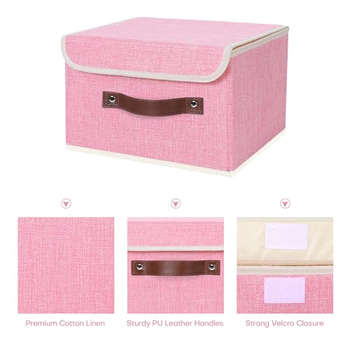 ANMINY 2PCS Storage Bins with Lid PU Leather Handles Storage Boxes PP Plastic Board Decorative Foldable Lidded Cotton Linen Fabric Home Cubes Baskets Closet Organizer Containers - Pink, Small Size - color: Pink, size: Small (Pack of 2)