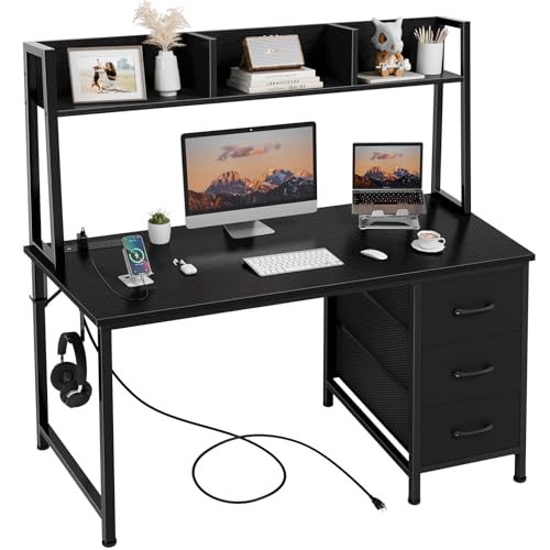 DLisiting Black Computer Desk with Hutch & Drawers - Office Desk with 3 Storage Drawers and Power Outlets, 47 Inch Modern Study Writing Desk for Bedroom Home Office - color: Black