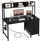 DLisiting Black Computer Desk with Hutch & Drawers - Office Desk with 3 Storage Drawers and Power Outlets, 47 Inch Modern Study Writing Desk for Bedroom Home Office - color: Black