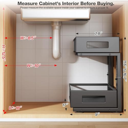 1 Pack 17IN Depth Under Sink Organizer, 2-Tier Pull Out Cabinet Organizer With Smooth Circular Rail, Large Capacity Metal Mesh Sliding Drawers For Bathroom& Kitchen Storage,Height Adjustable –Black - color: Black, size: 1 Pack-17"Dx11.6"-16.7" H