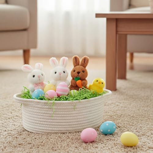 6 Pcs Small Woven Basket 12 x 8 x 5 Empty Gift, Cotton Rope Storage, Decorative Dog Cat, Cute Oval Basket for Bedroom Living Room Organizing(White) - color: White