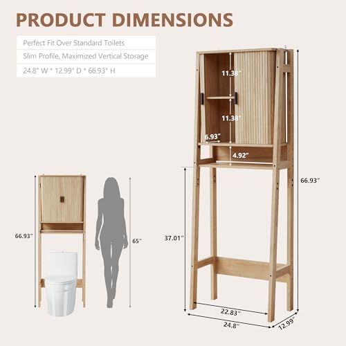 weselon Over the Toilet Storage Cabinet with Fluted Sliding Doors, Bathroom Space Saver Organizer, Freestanding Over Toilet Storage Rack for Small Bathroom, Wall-Anchored Wooden Cabinet (Natural) - color: Natural
