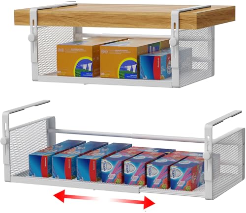 AmonHouseware 2Pack Under Shelf Basket, Adjustable Hanging Under Cabinet Shelf Storage, Hanging Holder Length Stretchable 14.9-22.6Inch for Kitchen Pantry Desk Counter Bookshelf Cupboard (White) - color: White