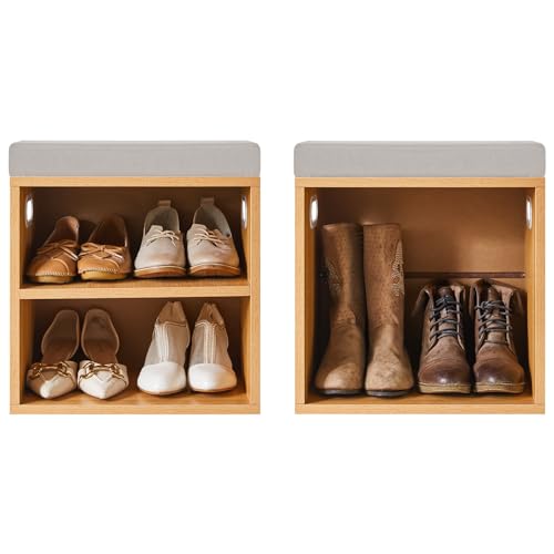 YMYNY Shoe Storage Bench with Cushion, 2 Tier Shoe Rack with Padded Seat, Adjustable Shoe Organizer Cabinet for Entryway, Living Room, Hallway, Closet, Bedroom, 15.4L*11W*16.54H, Natural, UHBD028N - color: Natural