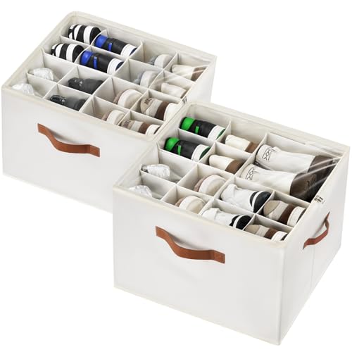 VZZNN 2 Pack Shoe Organizer for Closet, Foldable Shoe Storage Bins with Clear Cover and Adjustable Dividers, Fits up to 16 Pairs, Large Shoe Box Storage Containers with Reinforced Handles (Beige) - color: Beige