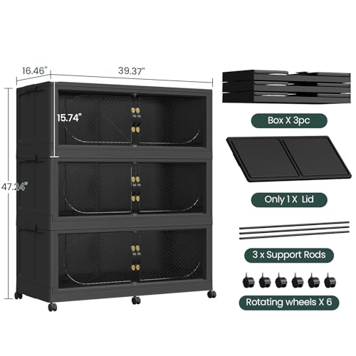 240GAL Plastic Storage Bins with Lid, 960QT Extra Large Stackable Closet Organizers and Storage, Collapsible Storage Boxes with Wheels, Folding Cabinet for Home Kitchen Office, 3Pack Black - color: 80Gal-Black, style: 3Pack