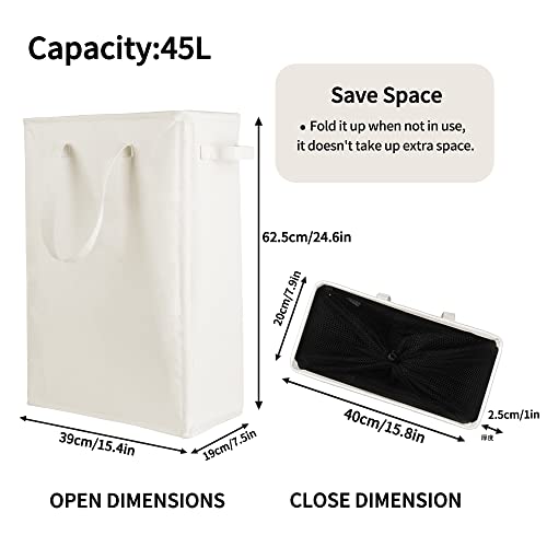 Odonata Slim Laundry Hamper Handles Collapsible Laundry Basket Thin Dirty Clothes Basket Narrow Laundry Bag Foldable Dirty Hamper 45L (Beige) - color: Beige