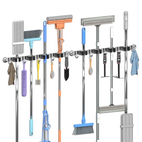 3-H Magnetic Broom Holder Wall Mount 2 Pack, 2-in-1 Dual Mount (No Drill or Screw Fix), 304 Stainless Steel Heavy Duty Magnet Mop Broom Organizer for Kitchen Garden Garage(4 Racks & 5 Hooks,Silver) - color: Silver, size: 2pc & 4R5H