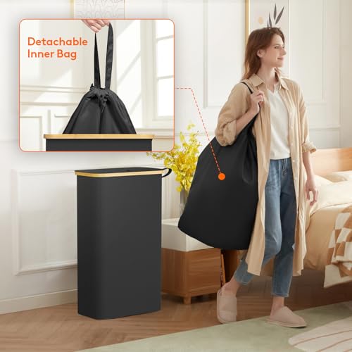 Lifewit 65L Slim Laundry Hamper with Lid, Narrow Laundry Basket with Removable Bag & Bamboo Handles, Fodable Thin Dirty Clothes Hamper for Laundry Collapsible Bin for Bathroom Bedroom Dorm, Black - color: Black, size: 65L