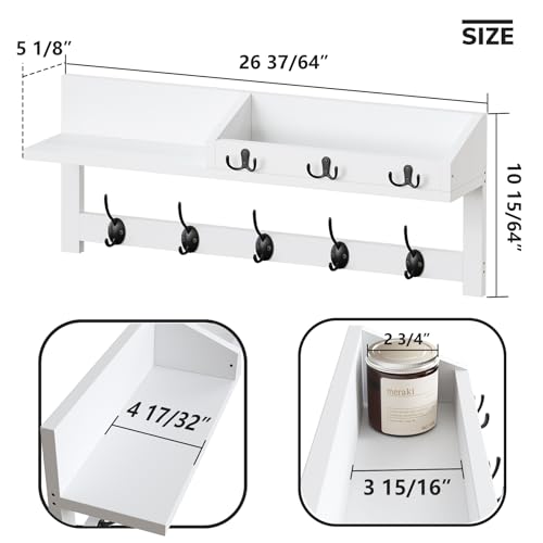 AMBIRD Wall Hooks with Shelf, 26.57 Inch Entryway Wood Coat Hooks for Wall, Coat Rack Wall Mount with 5 Dual Hooks 3 Key Hooks Mail Organizer and Key Rack Holder (White) - color: White, size: 26.57" L