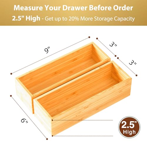 Umilife Bamboo Kitchen Drawer Organizer, Extra High Silverware Tray, Flatware Cutlery Storage Box, Multi-Use Holder in Office, Bathroom, Pantry - 9"x3"x2.5" (Set of 2) - size: 9 x 3 x 2.5" (Standard, Set of 2)