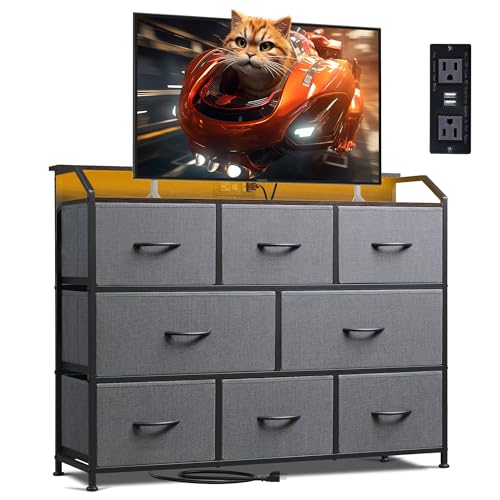 WLIVE Dresser TV Stand with Power Outlets, Led Dresser for Bedroom, Fabric Chest of Drawers with Double Open Shelves, Wood Top, Steel Frame, 6 Drawer Dressers for Closet, Living Room, Dark Grey - color: Dark Grey, style: 8 Drawers with LED