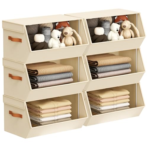 Stackable Closet Organizers and Storage Bins, Open Front Closet Shelf Organizer System With Steel Frame, Clothes Storage Basket Fabric, Collapsible Closet Drawers for Wardrobe, Nursery ,Toy, 6 Pack - color: Beige, size: 15.4 x 12.60 x 9.88. - 6 Pack