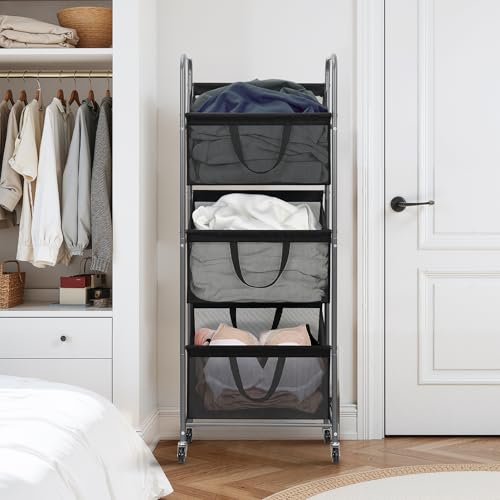 STO STO 3-Tier Vertical Rolling Laundry Hamper with Removable Bags, 120L Stackable Laundry Sorter Basket, Clothes Hamper with Wheels for Small Spaces, Closet, Bedroom, Bathroom, Laundry Room, Black - color: Black Mesh