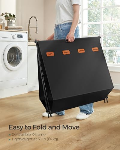 SONGMICS Laundry Hamper, Laundry Basket, 40.9 Gal. Laundry Sorter 4 Sections, Collapsible X-Frame, Clothes Organizer with Customizable Labels, Laundry Room, Bedroom, Bathroom, Ink Black ULCB140B01 - color: Ink Black, size: 155 L