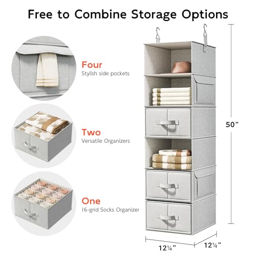 Vailando 6-Shelf Hanging Closet Organizer with 3 Drawers, Closet Hanging Shelves with Removable Fabric Drawers for Wardrobe, Nursery & Dorm Storage, Silver Gray - color: Silver Gray, size: 6-Shelf Inseparable
