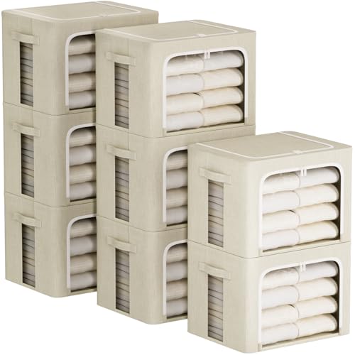 FHSQX 8 Pack Clothes Storage Bins - Foldable Storage Bins for Clothes Fabric Storage Box with Metal Frame (Beige, 19.7x15.7x13.8 inch) - color: Beige, size: 19.7x15.7x13.8 inch