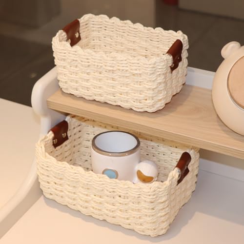 Small baskets for Organizing,Cute woven Storage basket with recycled paper rope for Shelves Bathroom,Little decorative basket,Set of 3 (Beige) - color: Beige