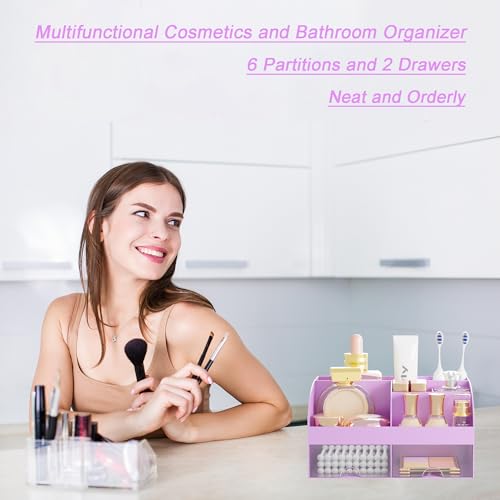 Makeup Organizer with 2 Drawers, Cosmetic Storage for Dresser Vanity and Bathroom Countertop,Make up organization and Skincare Storage with Beauty Brush Holder, Cosmetic Display Case (Purple) - color: Purple